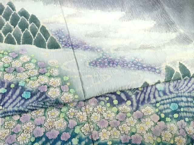 平和屋着物●訪問着　絞り　流水花文　暈し染め　銀通し地　正絹　逸品　未使用　AABF6153ck_4