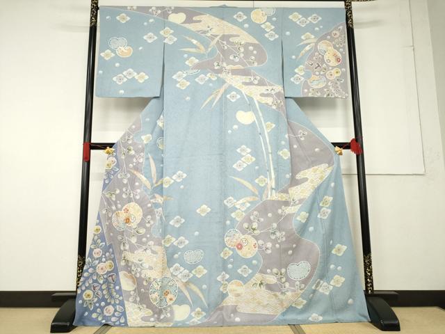 平和屋着物●訪問着　友禅　駒刺繍　絞り　雪輪花文　ロング丈　正絹　逸品　AABF6155ck
