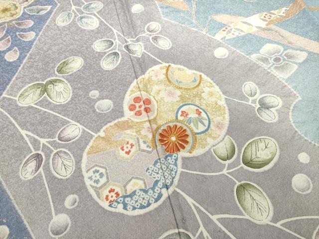 平和屋着物●訪問着　友禅　駒刺繍　絞り　雪輪花文　ロング丈　正絹　逸品　AABF6155ck_3