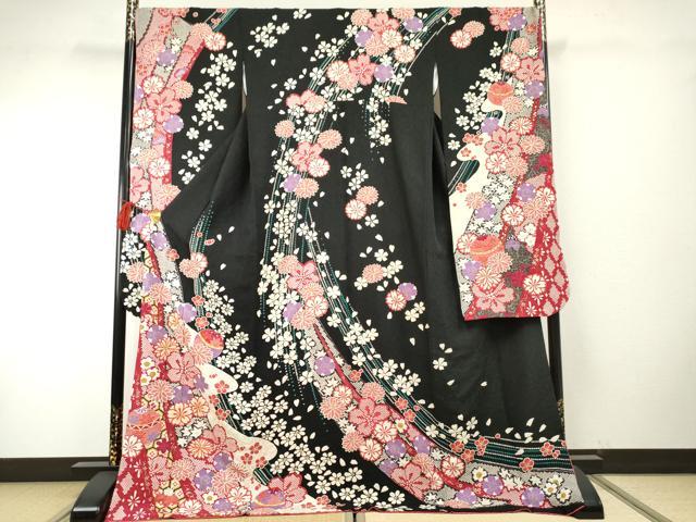 平和屋着物●豪華振袖　花毬文　黒地　金彩　金通し地　正絹　逸品　AABF6562cs 平和屋着物○豪華振袖 花毬文 黒地 金彩 金通し地 正絹 逸品