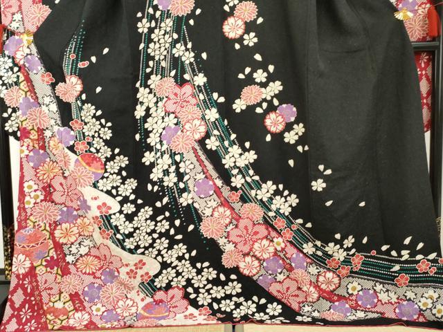 平和屋着物○豪華振袖 花毬文 黒地 金彩 金通し地 正絹 逸品