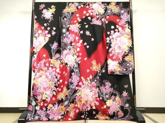 平和屋着物●豪華振袖　Angel Heart　刺繍　草花文　薔薇　バラ　暈し染め　黒地　金糸　銀通し地　ロング丈　正絹　逸品　AABF6565cs
