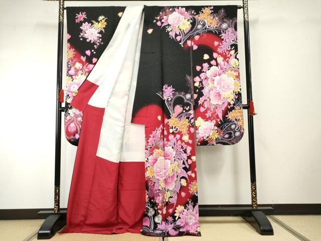 平和屋着物●豪華振袖　Angel Heart　刺繍　草花文　薔薇　バラ　暈し染め　黒地　金糸　銀通し地　ロング丈　正絹　逸品　AABF6565cs_1