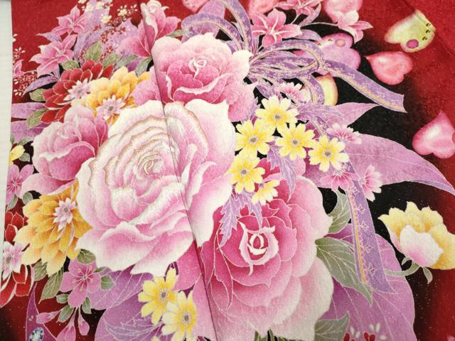 平和屋着物●豪華振袖　Angel Heart　刺繍　草花文　薔薇　バラ　暈し染め　黒地　金糸　銀通し地　ロング丈　正絹　逸品　AABF6565cs_3