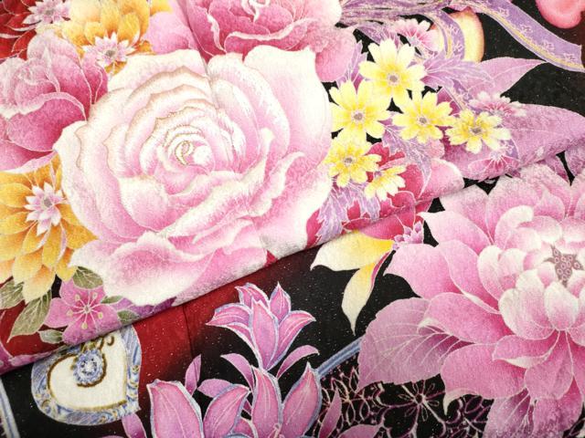 平和屋着物●豪華振袖　Angel Heart　刺繍　草花文　薔薇　バラ　暈し染め　黒地　金糸　銀通し地　ロング丈　正絹　逸品　AABF6565cs_5