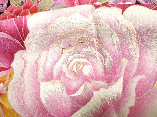 平和屋着物●豪華振袖　Angel Heart　刺繍　草花文　薔薇　バラ　暈し染め　黒地　金糸　銀通し地　ロング丈　正絹　逸品　AABF6565cs_6