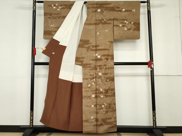 平和屋着物●訪問着　本場結城紬地　草花文　金彩　反端付き　正絹　逸品　AABF6590cs_1