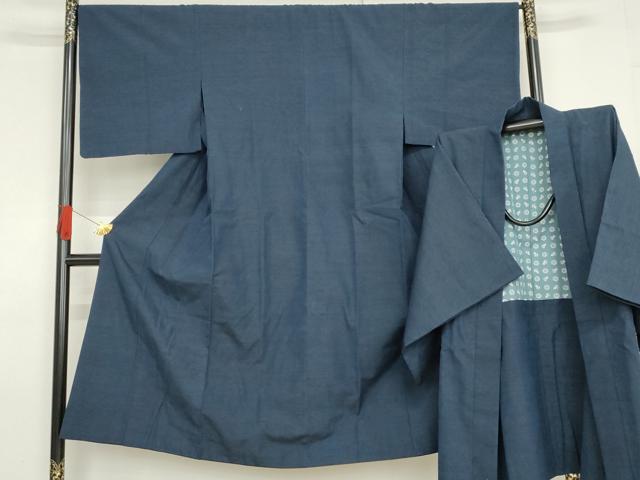 平和屋着物●男性　紬　アンサンブル　色無地　紺青色　正絹　逸品　AABF6603cs