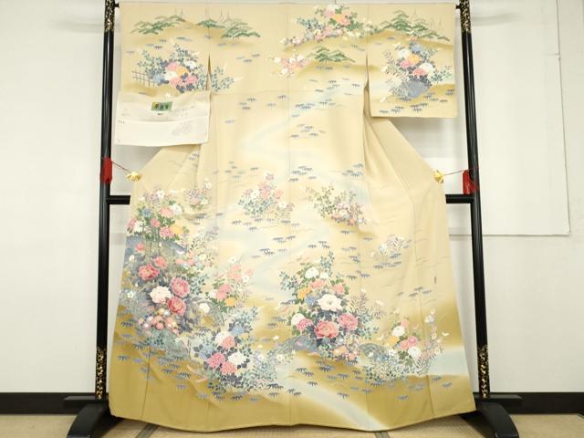 平和屋着物●十日町友禅作家　阿部佳雪　訪問着　松竹梅花文　夢染里　暈し染め　浜ちりめん　反端付き　正絹　逸品　未使用　AABF6613cs