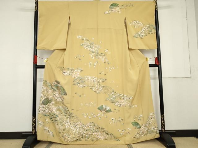 平和屋着物●中国国宝刺繍　乱針刺繍　総刺繍　訪問着　扇面風景草花文　金糸　正絹　逸品　AABF6615cs