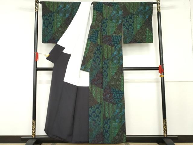 平和屋着物●前田仁仙　仁仙更紗　小紋　切嵌更紗花文　丹後ちりめん　反端付き　正絹　逸品　AABF6625cs_2