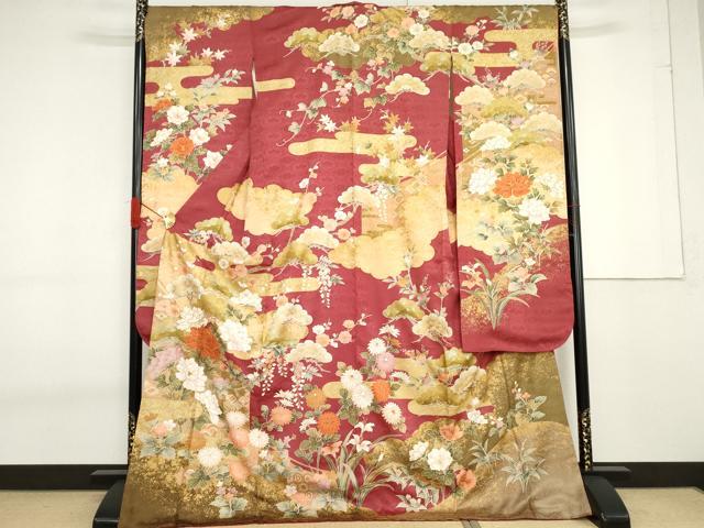 平和屋着物●豪華振袖　駒刺繍　吉祥花松文　金彩　ロング丈　正絹　逸品　AABF6636cs