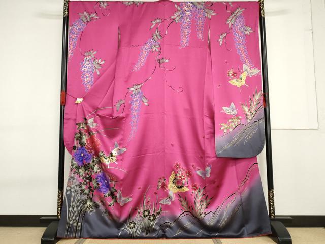 平和屋着物●豪華振袖　花蝶文　暈し染め　銀通し地　正絹　逸品　AABF6637cs