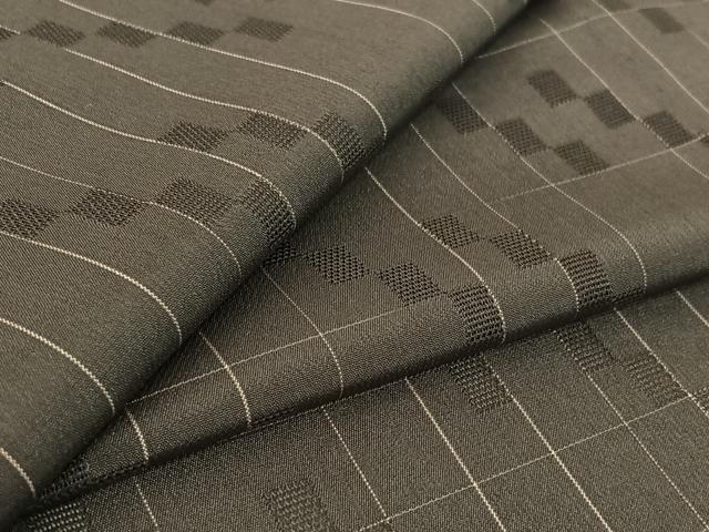 平和屋着物▽お召　単衣　格子　ロング丈　正絹　逸品　AABF6677jh