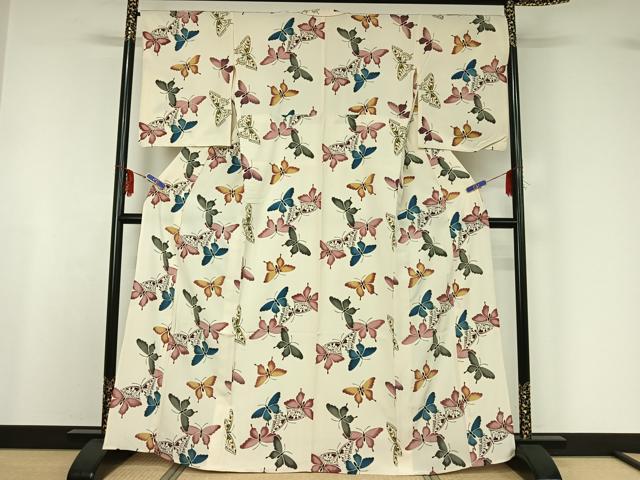 平和屋着物▽上質な小紋　単衣　型染め　舞蝶文　正絹　逸品　AABF6765jh 平和屋着物▽上質な小紋 単衣 型染め 舞蝶文 正絹 逸品 AABF6765jh