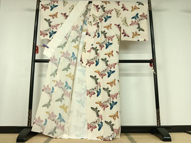 平和屋着物▽上質な小紋　単衣　型染め　舞蝶文　正絹　逸品　AABF6765jh 平和屋着物▽上質な小紋 単衣 型染め 舞蝶文 正絹 逸品 AABF6765jhの