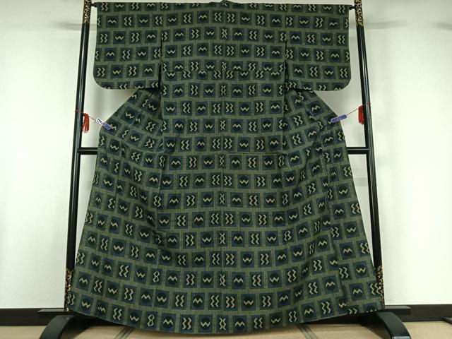 平和屋着物▽本塩沢　単衣　幾何学文様　正絹　逸品　AABF6770jh_1