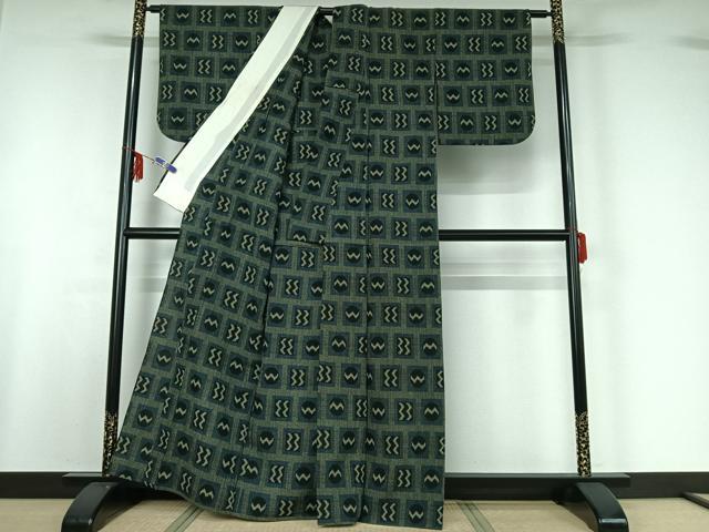 平和屋着物▽本塩沢　単衣　幾何学文様　正絹　逸品　AABF6770jh_2