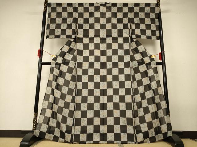 平和屋着物＊夏物　小紋　市松花鳥紋紗　正絹　逸品　AABF6849jd