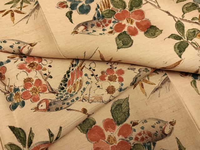 平和屋着物●上質な小紋　紬地　手描き　花鳥文　正絹　逸品　未使用　AABF6961ph
