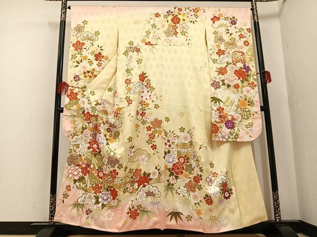平和屋着物●豪華振袖　駒刺繍　貝桶花文　暈し染め　金彩　正絹　逸品　AABF6991ph