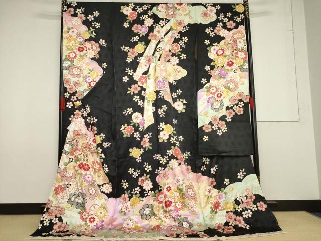 平和屋着物●豪華振袖　御所車花文　黒地　丹後ちりめん　仮絵羽　逸品　未使用　AABF7022ck