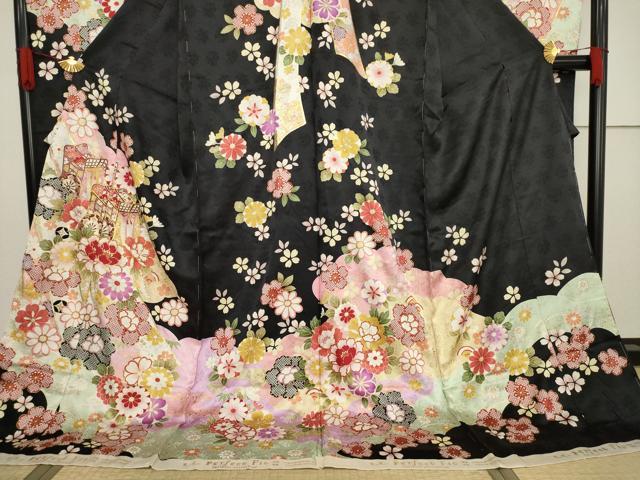平和屋着物●豪華振袖　御所車花文　黒地　丹後ちりめん　仮絵羽　逸品　未使用　AABF7022ck_2