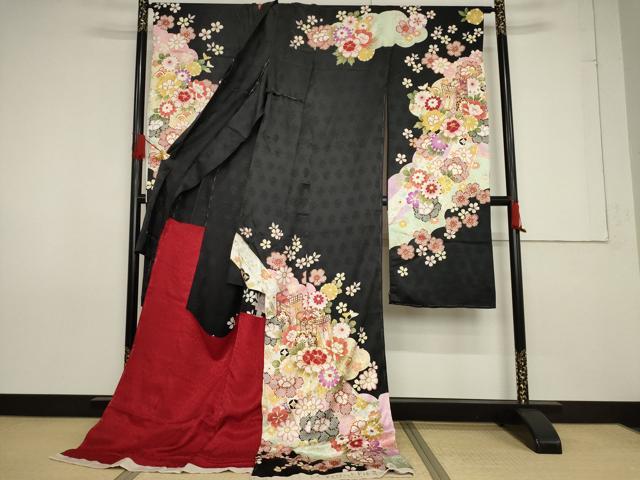 平和屋着物●豪華振袖　御所車花文　黒地　丹後ちりめん　仮絵羽　逸品　未使用　AABF7022ck_1