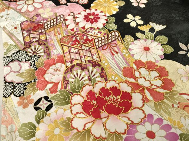 平和屋着物●豪華振袖　御所車花文　黒地　丹後ちりめん　仮絵羽　逸品　未使用　AABF7022ck_3