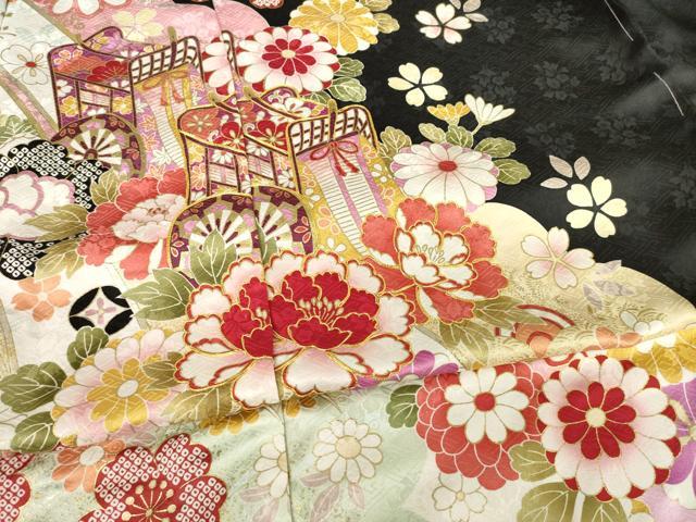 平和屋着物●豪華振袖　御所車花文　黒地　丹後ちりめん　仮絵羽　逸品　未使用　AABF7022ck_4