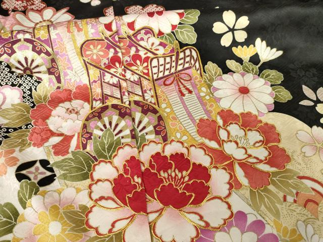 平和屋着物●豪華振袖　御所車花文　黒地　丹後ちりめん　仮絵羽　逸品　未使用　AABF7022ck_5