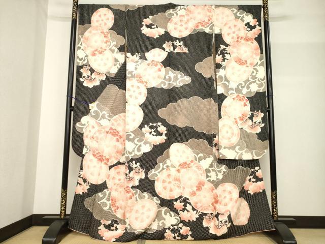 平和屋着物●名門　藤娘きぬたや・総絞り　振袖　源氏車花文　黒地　正絹　逸品　AABF7057ck