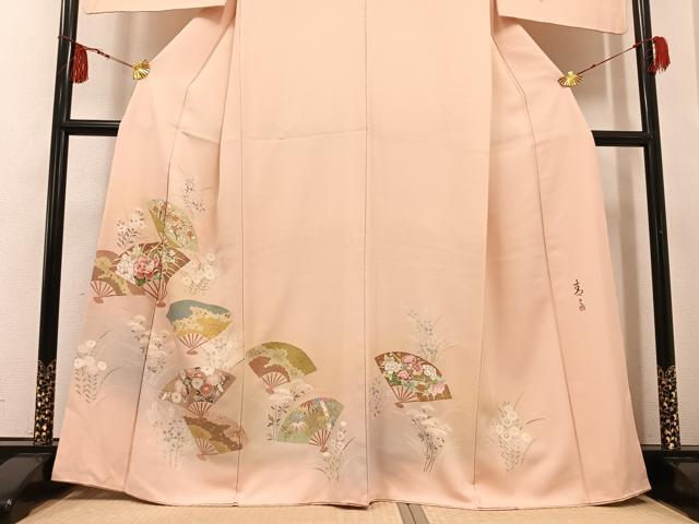 平和屋着物●京友禅の第一人者　松井青々　訪問着　扇面草花文　暈し染め　金彩　正絹　逸品　AABF8105ph 平和屋着物○京友禅の第一人者 松井青々 訪問着 扇面草花文 暈し染め