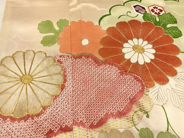 平和屋着物●豪華振袖　駒刺繍　絞り　雲重ね亀甲草花文　金彩　正絹　逸品　AABF8107ph 平和屋着物○豪華振袖 駒刺繍 絞り 雲重ね亀甲草花文 金彩 正絹 逸品