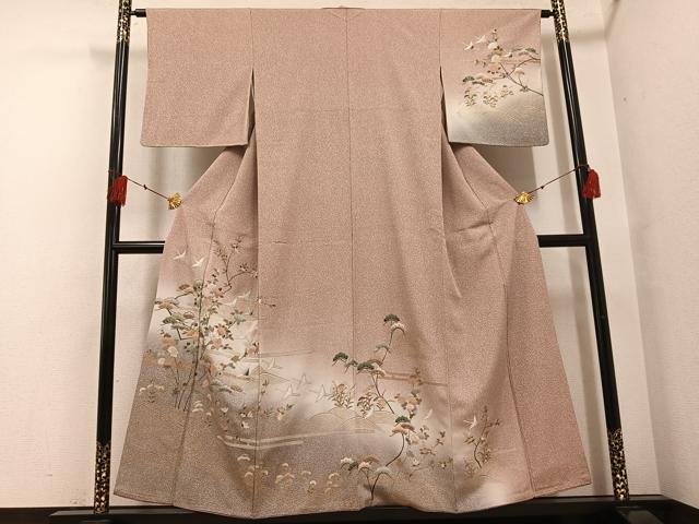 平和屋着物●訪問着　群鶴浜松枝花文　暈し染め　金彩　正絹　逸品　AABF8122ph