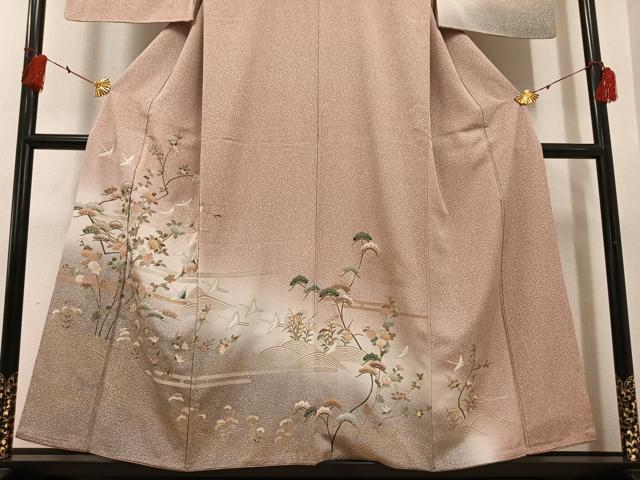 平和屋着物●訪問着　群鶴浜松枝花文　暈し染め　金彩　正絹　逸品　AABF8122ph_2