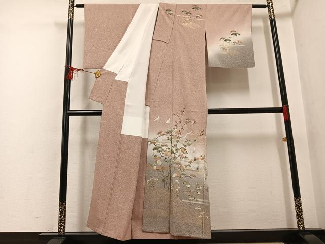 平和屋着物●訪問着　群鶴浜松枝花文　暈し染め　金彩　正絹　逸品　AABF8122ph_1