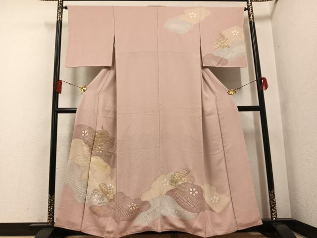 平和屋着物●訪問着　絞り　刺繍　風景松笹文　金糸　正絹　逸品　AABF8124ph