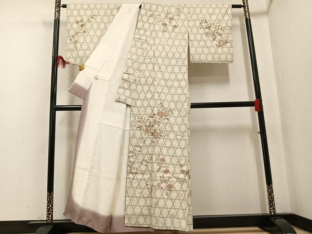 平和屋着物●本場結城紬　重要無形文化財　訪問着　手描き　100亀甲　枝花文　金彩　銀座おゝぎ屋扱い　正絹　逸品　AABF8159ph