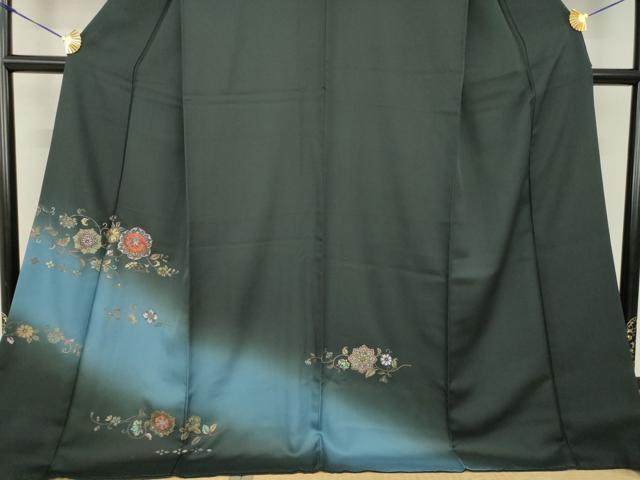 平和屋着物●訪問着　刺繍　花唐草文　黒緑色地　暈し染め　金彩　ロング丈　正絹　逸品　AABF8164ck 平和屋着物○訪問着 刺繍 花唐草文 黒緑色地 暈し染め 金彩 ロング丈