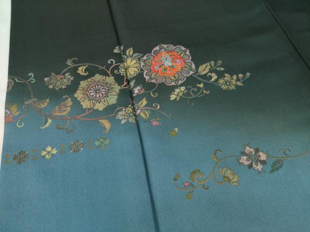 平和屋着物●訪問着　刺繍　花唐草文　黒緑色地　暈し染め　金彩　ロング丈　正絹　逸品　AABF8164ck 平和屋着物○訪問着 刺繍 花唐草文 黒緑色地 暈し染め 金彩 ロング丈