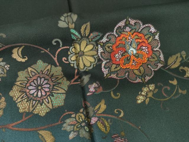 平和屋着物●訪問着　刺繍　花唐草文　黒緑色地　暈し染め　金彩　ロング丈　正絹　逸品　AABF8164ck 平和屋着物○訪問着 刺繍 花唐草文 黒緑色地 暈し染め 金彩 ロング丈