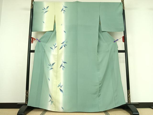 平和屋着物▽訪問着　単衣　草葉文　暈し染め　金彩　正絹　逸品　AABF8302jh