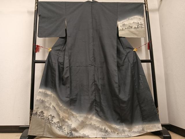平和屋着物●訪問着　作家物　紬地　手描き　嵐山炎　霧の深津渓　暈し染め　正絹　逸品　未使用　AABF8780ph 平和屋着物○訪問着 作家物 紬地 手描き 嵐山炎 霧の深津渓 暈し染め