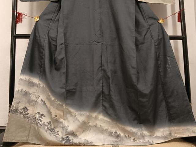 平和屋着物●訪問着　作家物　紬地　手描き　嵐山炎　霧の深津渓　暈し染め　正絹　逸品　未使用　AABF8780ph 平和屋着物○訪問着 作家物 紬地 手描き 嵐山炎 霧の深津渓 暈し染め