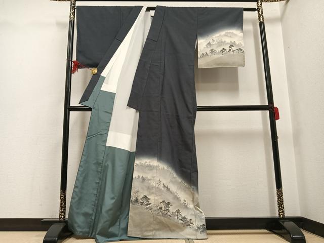 平和屋着物●訪問着　作家物　紬地　手描き　嵐山炎　霧の深津渓　暈し染め　正絹　逸品　未使用　AABF8780ph 平和屋着物○訪問着 作家物 紬地 手描き 嵐山炎 霧の深津渓 暈し染め