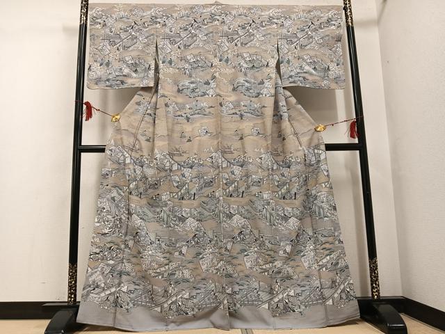 平和屋着物●訪問着　中国三大刺繍　スワトウ刺繍　汕頭刺繍　色紙人物草花文　金彩　正絹　逸品　未使用　AABF8782ph