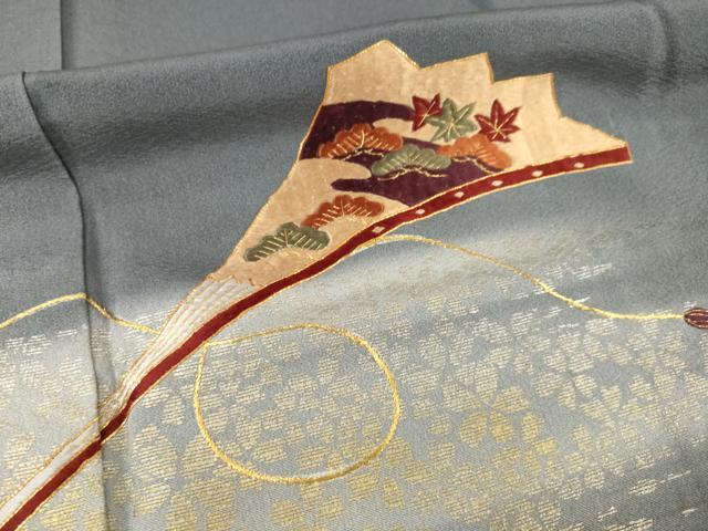 平和屋着物●日本舞踊家 岩井流宗元　岩井友見　訪問着　駒刺繍　扇面松文　金銀彩　正絹　逸品　AABF8971ck_5
