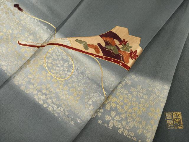平和屋着物●日本舞踊家 岩井流宗元　岩井友見　訪問着　駒刺繍　扇面松文　金銀彩　正絹　逸品　AABF8971ck_9