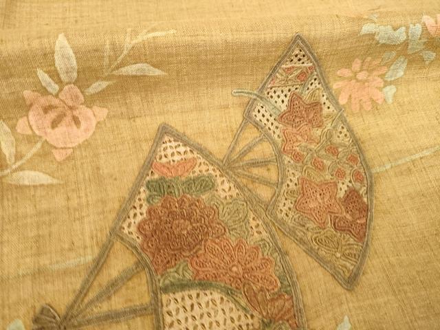 平和屋着物○訪問着 紬地 中国三大刺繍 スワトウ刺繍 汕頭刺繍 扇面花